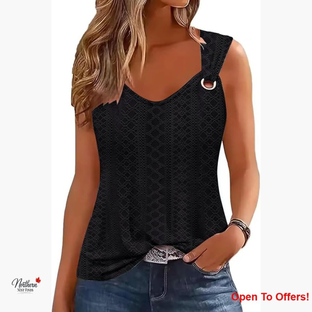 Loose Fit Sleeveless Tank Top with Spaghetti Straps and Eyelet Fabric